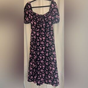 SHEIN Black Dark Floral Milkmaid Maxi Dress with Slit Corset Style Front